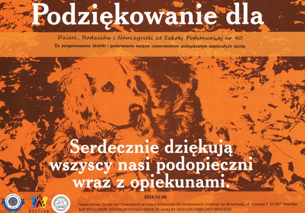 Podziękowanie za udział w zbiórce dla zwierząt