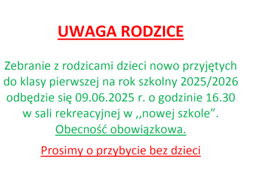 Zebranie z rodzicami dzieci nowo przyjętych do klasy pierwszej na rok szkolny 2025/2026