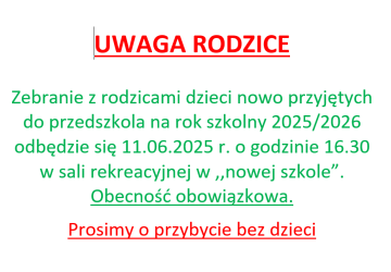Zebranie z rodzicami dzieci nowo przyjętych do przedszkola na rok szkolny 2025/2026